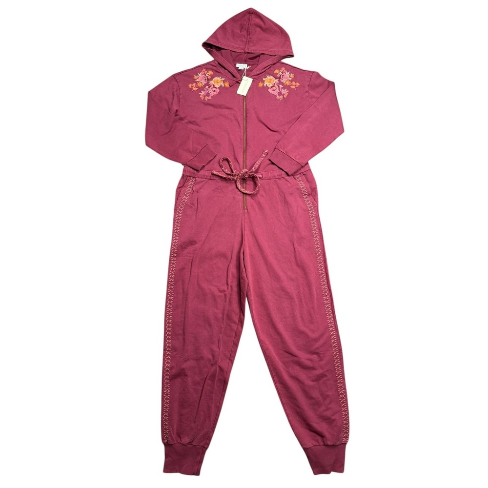 Sundance Floral Embroidered Hooded‎ Jumpsuit Pink Zip Front Drawstring L NWT